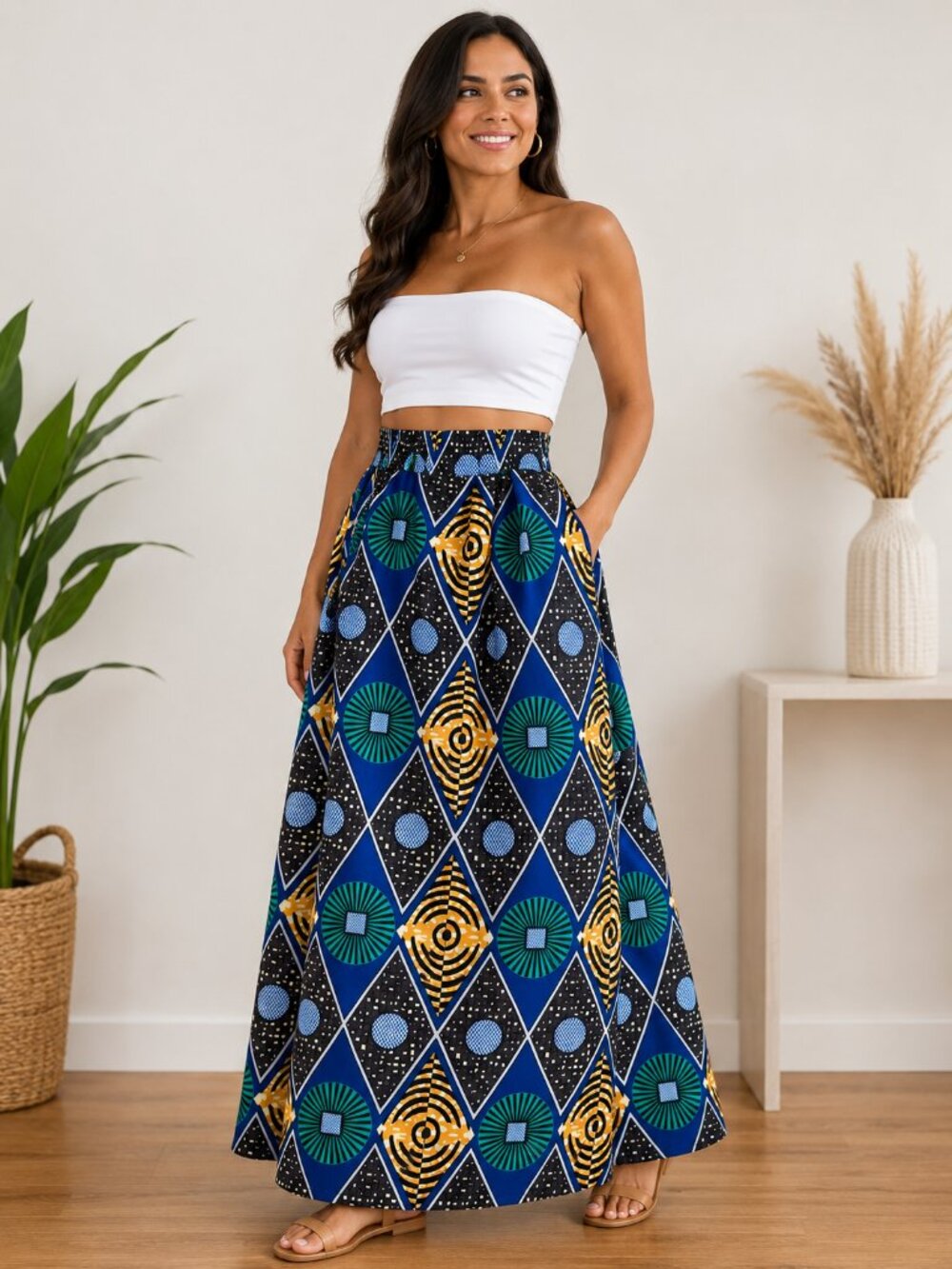 African Print Geometric Blue Green Orange Maxi Skirt Stretch Waist S